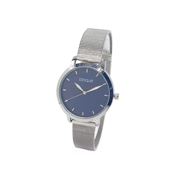 reloj analógico blaqué BQ209P malla tejida de acero plateado y fondo azul