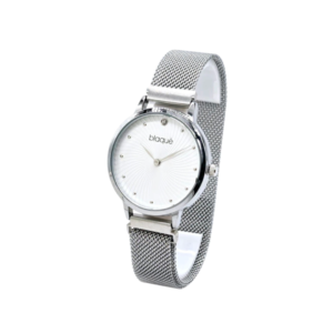 reloj blaque de mujer analogico, malla t4ejida plateado y blanco